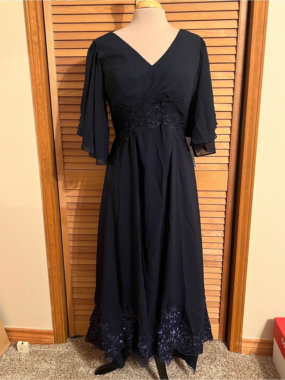 Classic Navy V-Neck Maxi Dress with Embroidered Waist